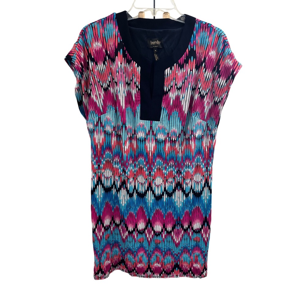 Laundry by Shelli Segal Pink Blue Ikat Print Split Neck Shift Mini Dress Medium